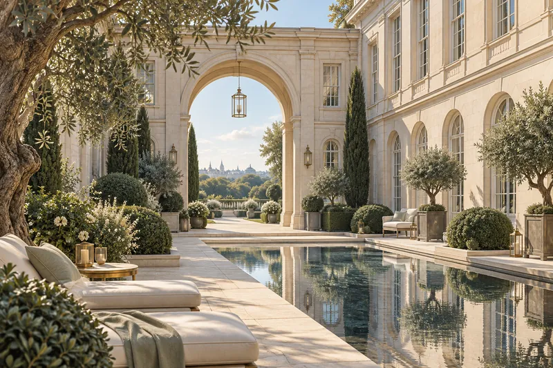 Original editorial illustration of an imagined British hotel courtyard, not a listed property