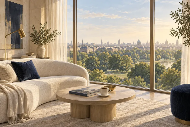 Original illustration of an imagined hotel lounge overlooking a city park